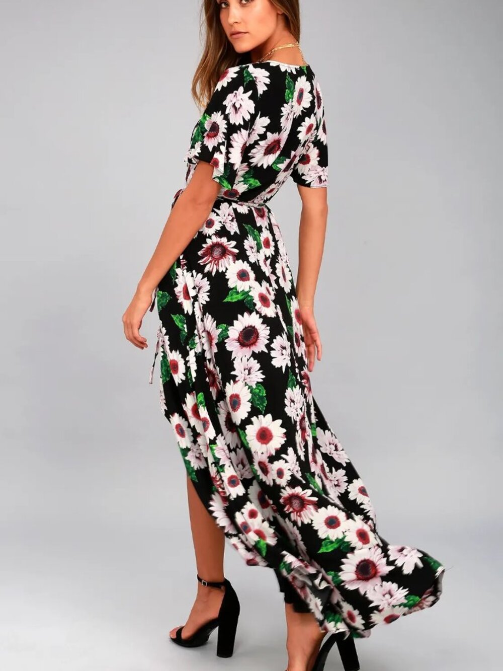 LULUS Flower Market Black Floral Print High Low Wrap Dress